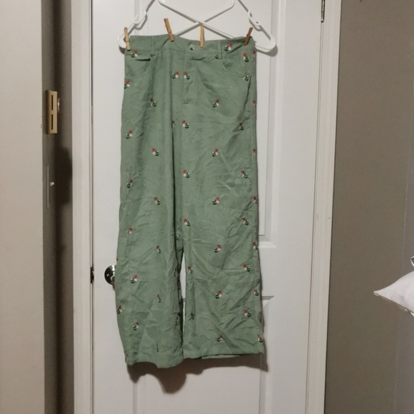 Cider Sage Green Pants with Floral Embroidery Fairy Cottagecore Comfortable - Picture 8 of 8